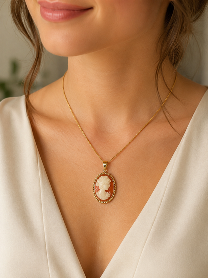 Classic 14K Yellow Gold Cameo Pendant Lady Portrait