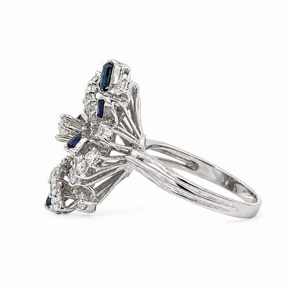Mid-Century     18K White Gold Diamond & Sapphire Starburst Ring