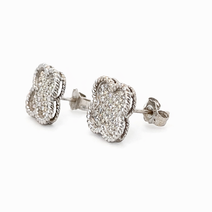 18K White Gold Diamond Clover Stud Earrings