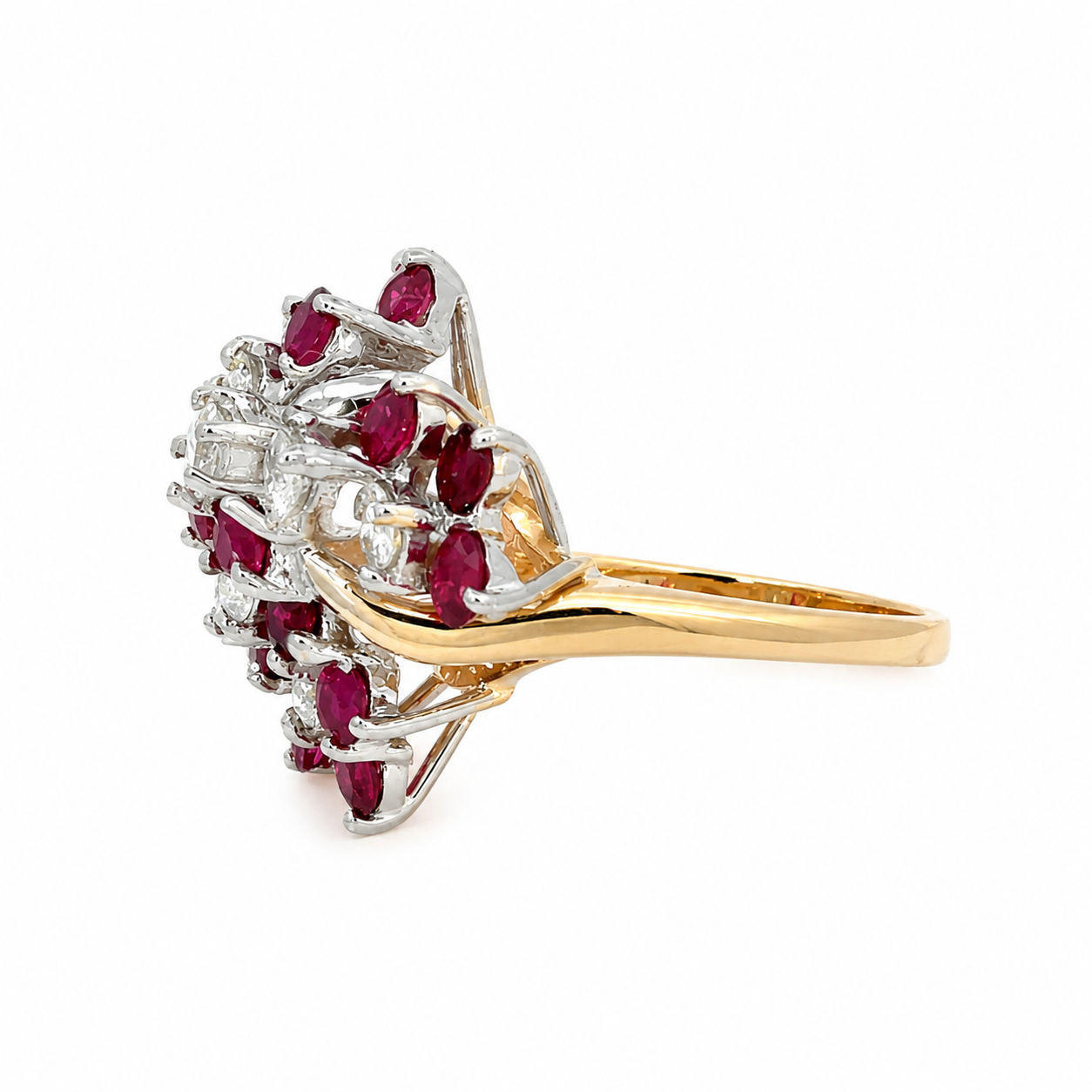 Vintage 14K Yellow & White Gold Ruby Diamond Cocktail Ring | Estate Fine Jewelry