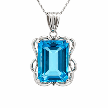 Large Emerald-Cut Blue Topaz Pendant in 14K White Gold