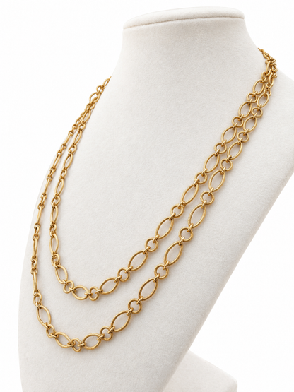 Vintage 1950s 18K Yellow Gold Textured Round & Oval Link Necklace — 40″ Long or Doubled