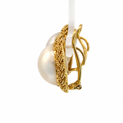 14K Yellow Gold Mabé Pearl Earrings with Braided Gold Surround – French Clips