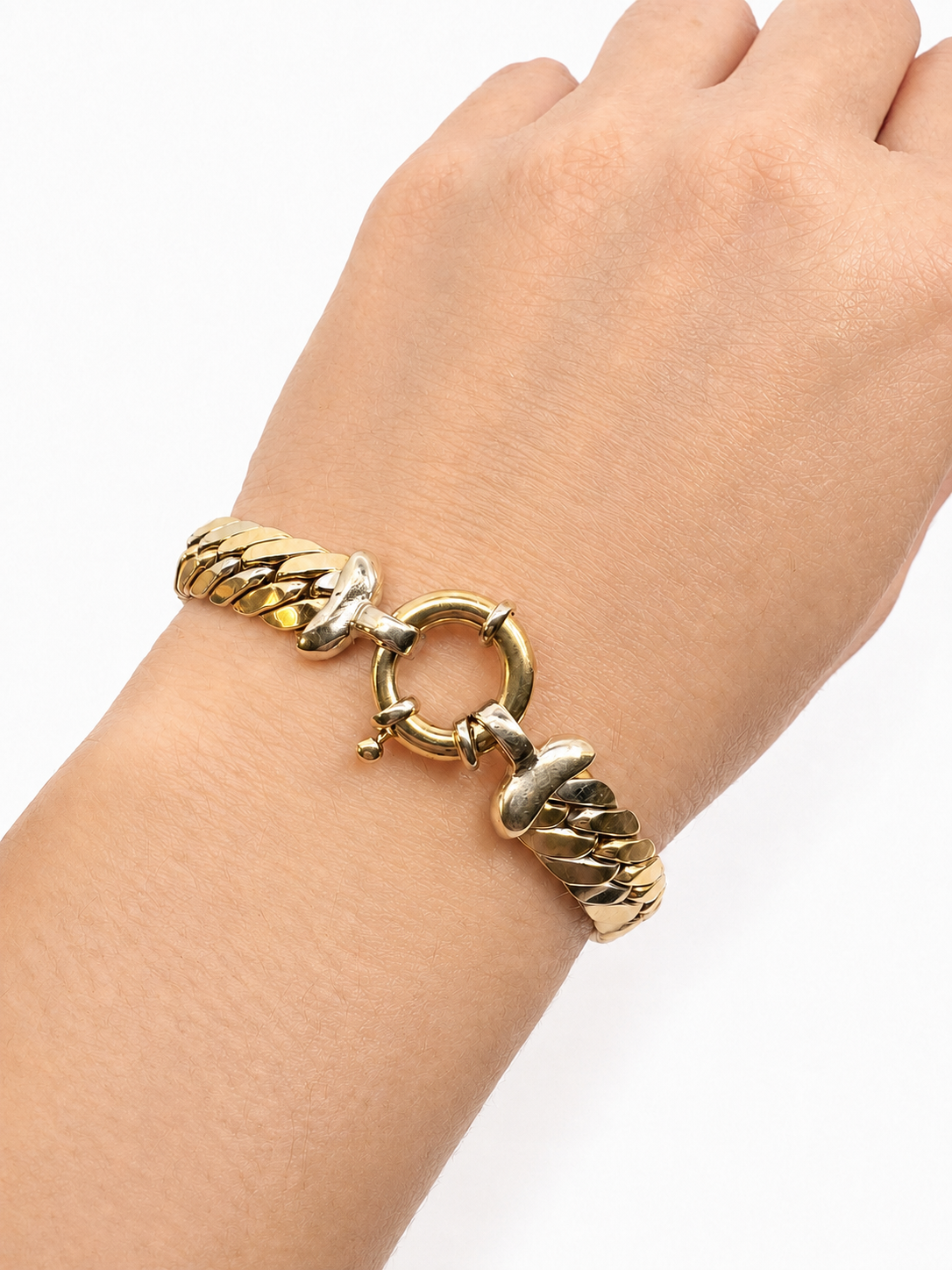 Vintage 1980’s 18K Two-Tone Gold Woven Link Bracelet with Decorative Spring Ring Clasp