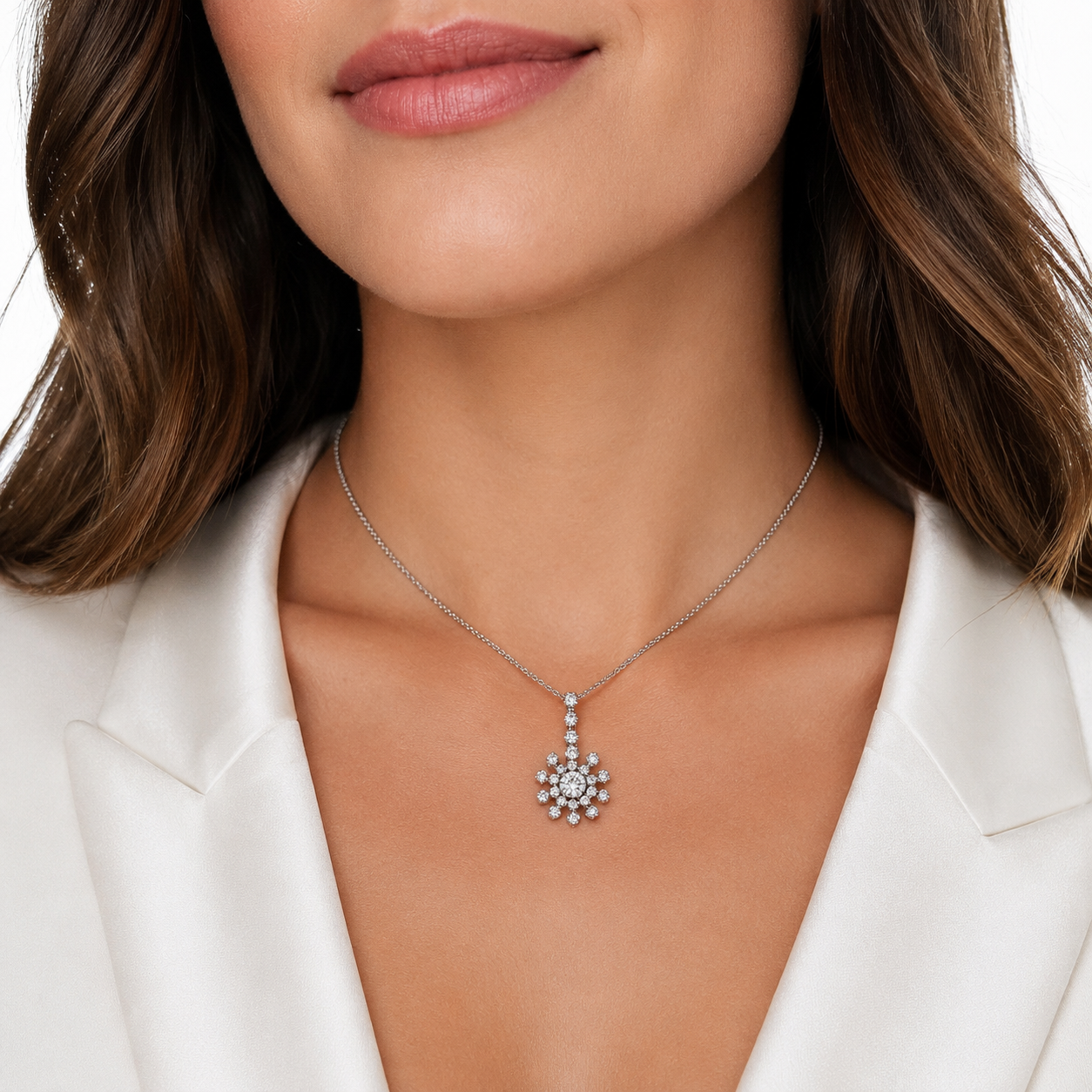 Italian 18K White Gold Diamond Floral Starburst Necklace