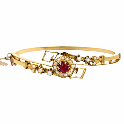 Antique 18K Gold Ruby & Seed Pearl Bangle Bracelet – 1940s