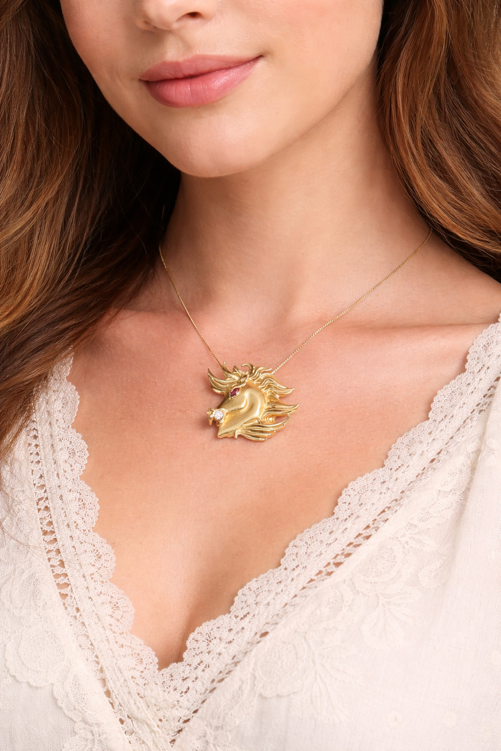 Vintage 14K Yellow Gold Horse Head Pendant with Ruby Eye & Diamond Accent - Equestrian Design