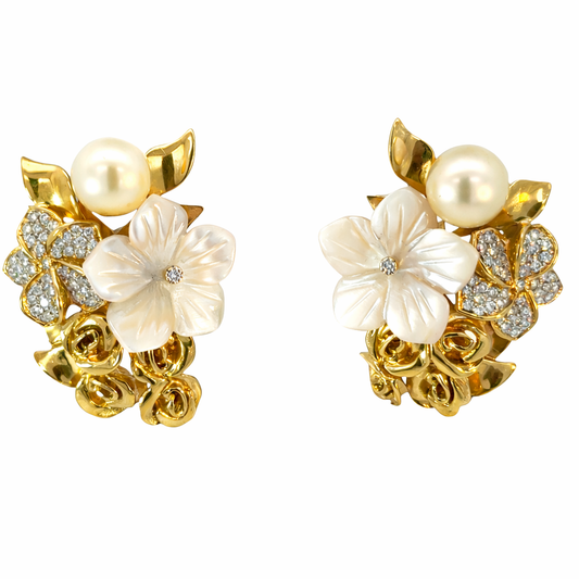 18K Yellow Gold Floral Bouquet Earrings with Diamonds & Pearl, 1960s