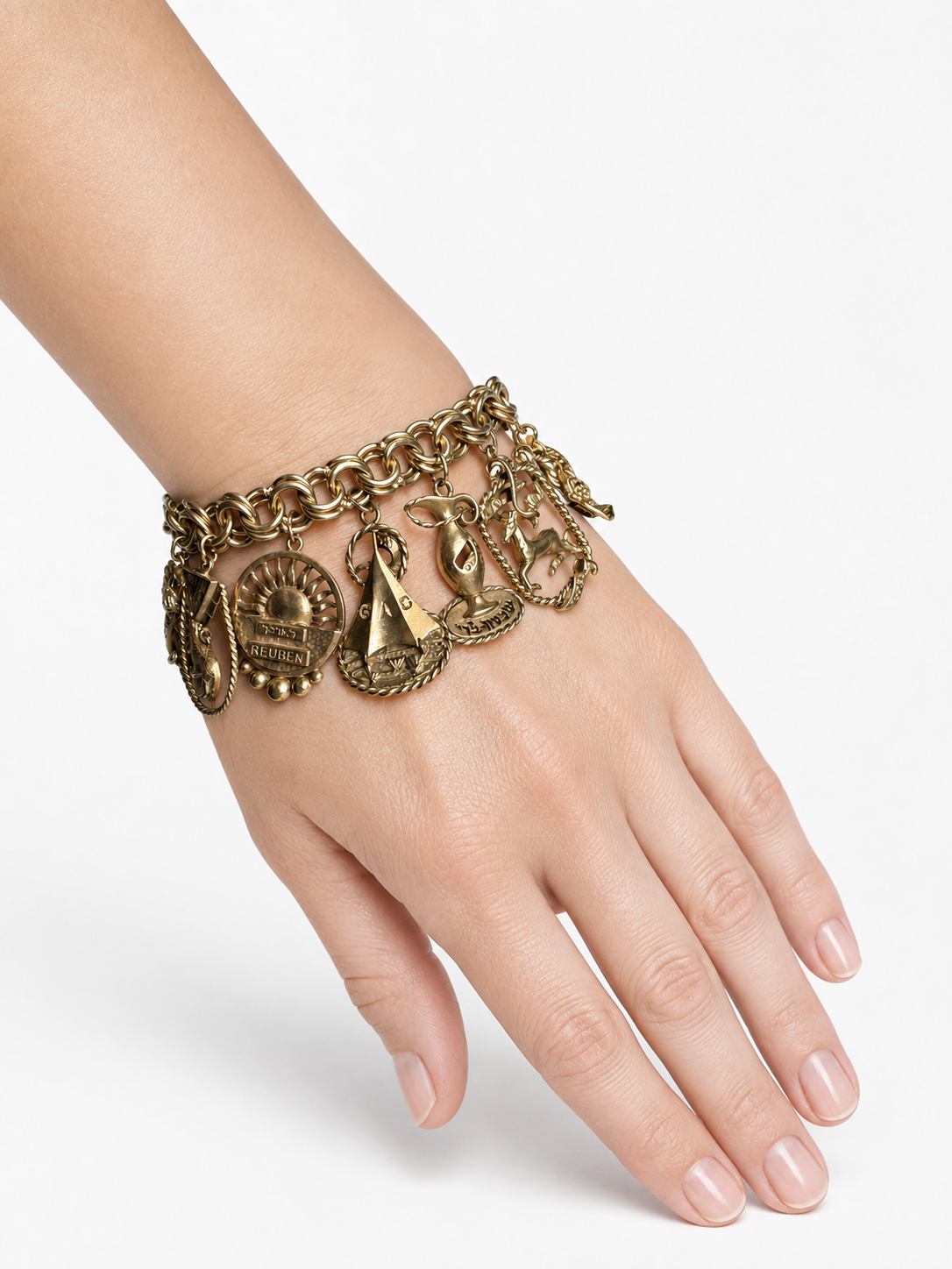 Vintage 14K Yellow Gold Twelve Tribes of Israel Charm Bracelet with 12 Large Gold Charms