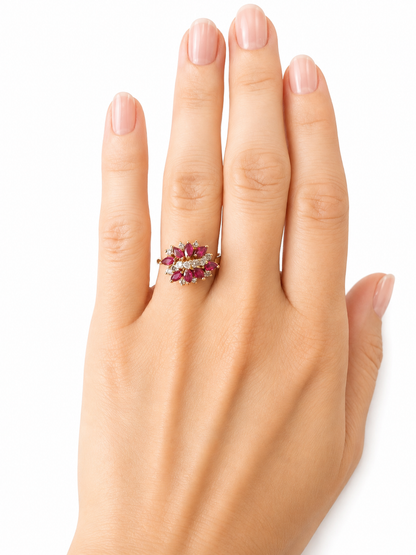 14K Yellow Gold Ruby & Diamond Floral Cluster Ring