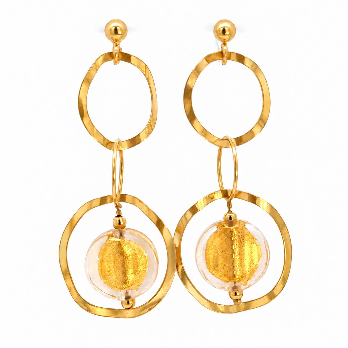 14K Yellow Gold Circle Drop Earrings with Golden Bead Accents