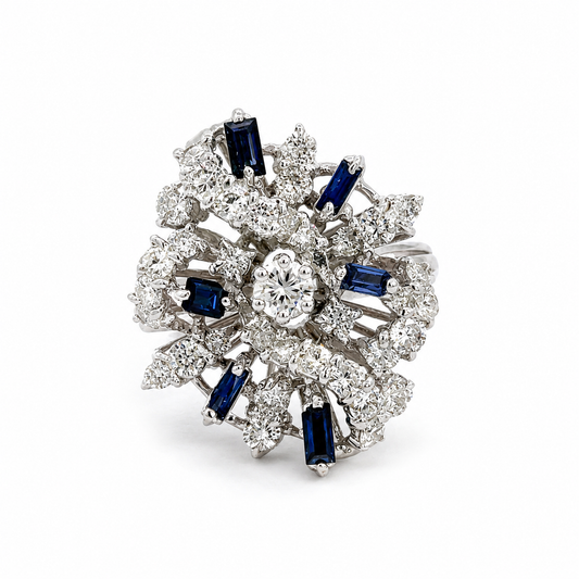 Mid-Century     18K White Gold Diamond & Sapphire Starburst Ring