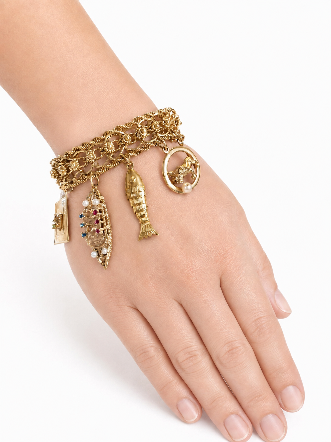 Vintage 14K Yellow Gold Story Charm Bracelet with Nine Gemstone & Pearl Charms