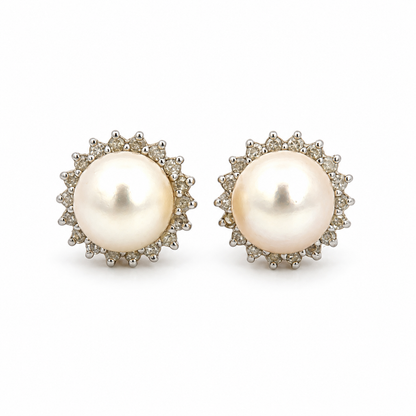 14K Yellow Gold Pearl & Diamond Halo Stud Earrings