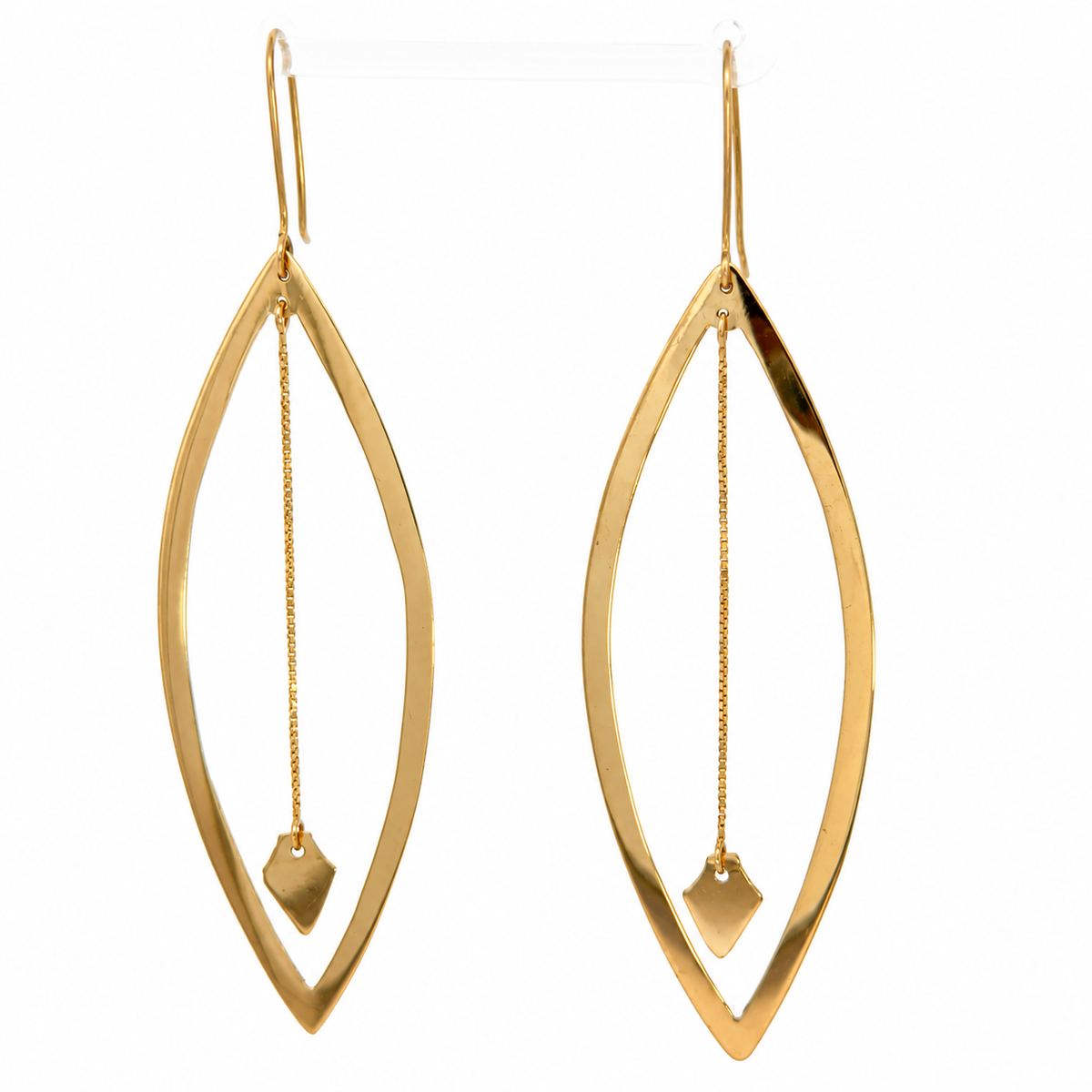 14K Yellow Gold Long Marquise Drop Earrings with Chain & Kite Charms