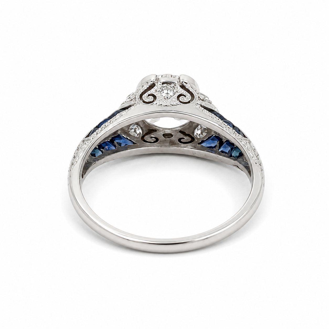 Antique Art Deco Platinum Old European Cut Diamond & Sapphire Engagement Ring