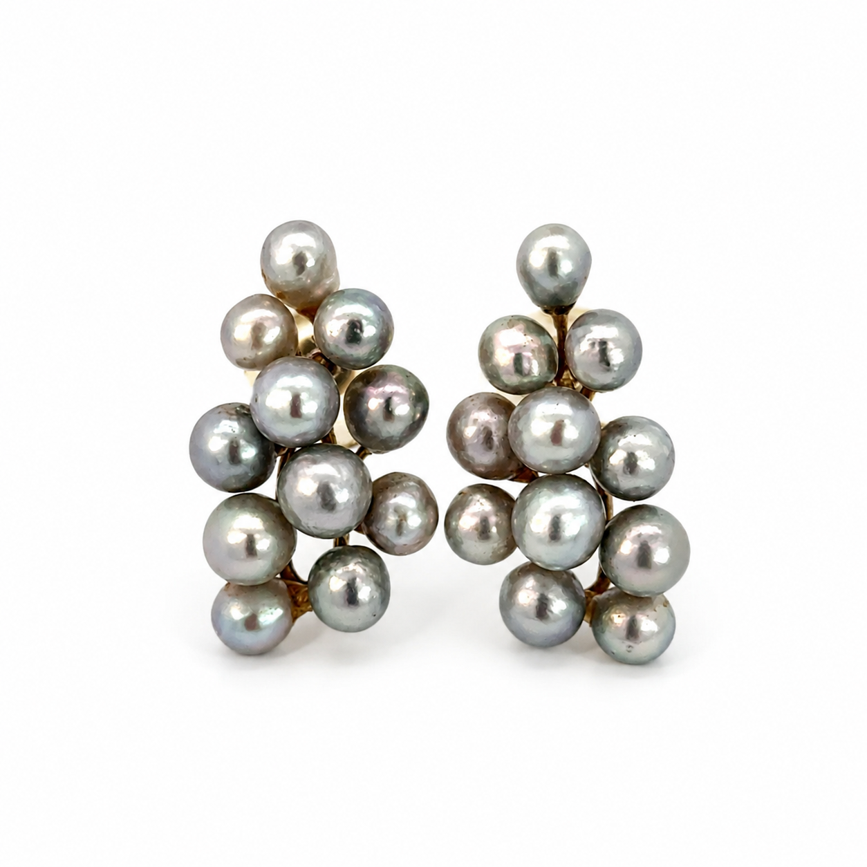 Vintage 14K Yellow Gold Black Freshwater Pearl Cluster Earrings