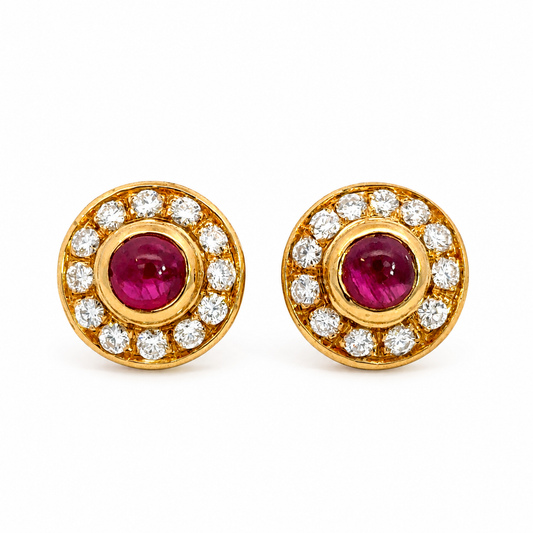 Vintage 18K Gold Cabochon Ruby & Diamond Halo Earrings