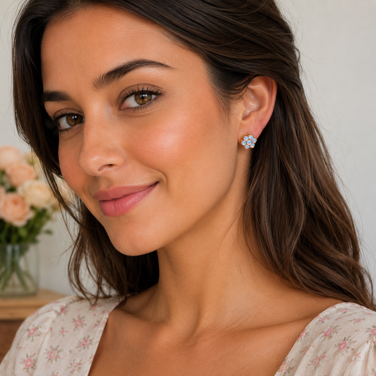 14K Yellow Gold     Vintage Opal Flower Earrings with Purple Pink Hue