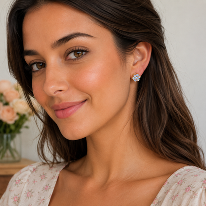 14K Yellow Gold     Vintage Opal Flower Earrings with Purple Pink Hue