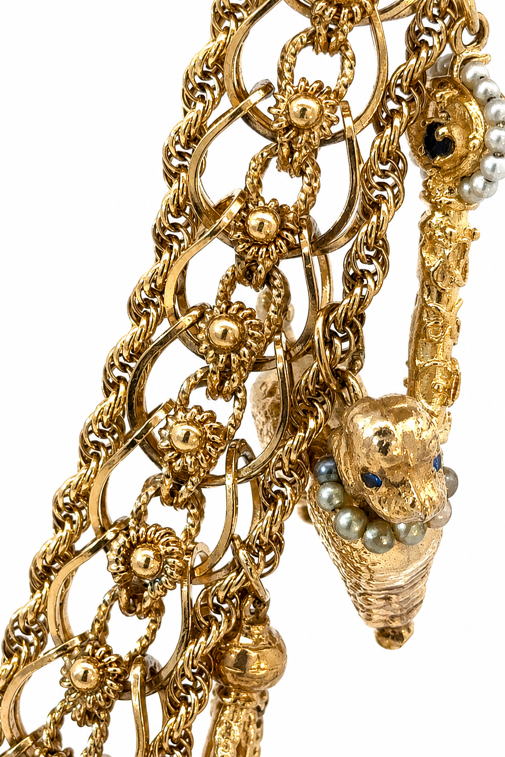 Vintage 14K Yellow Gold Story Charm Bracelet with Nine Gemstone & Pearl Charms