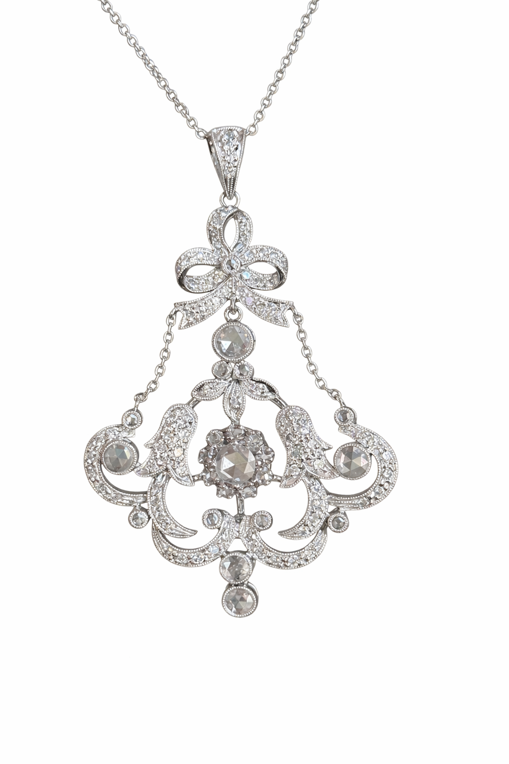 Platinum Rose Cut Diamond Drop Necklace, Ornate Filigree Design