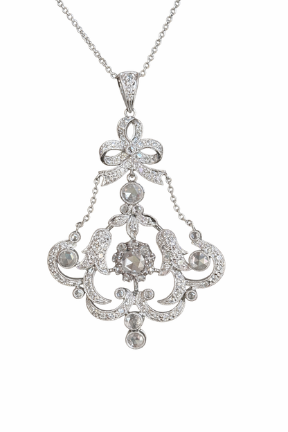 Platinum Rose Cut Diamond Drop Necklace, Ornate Filigree Design