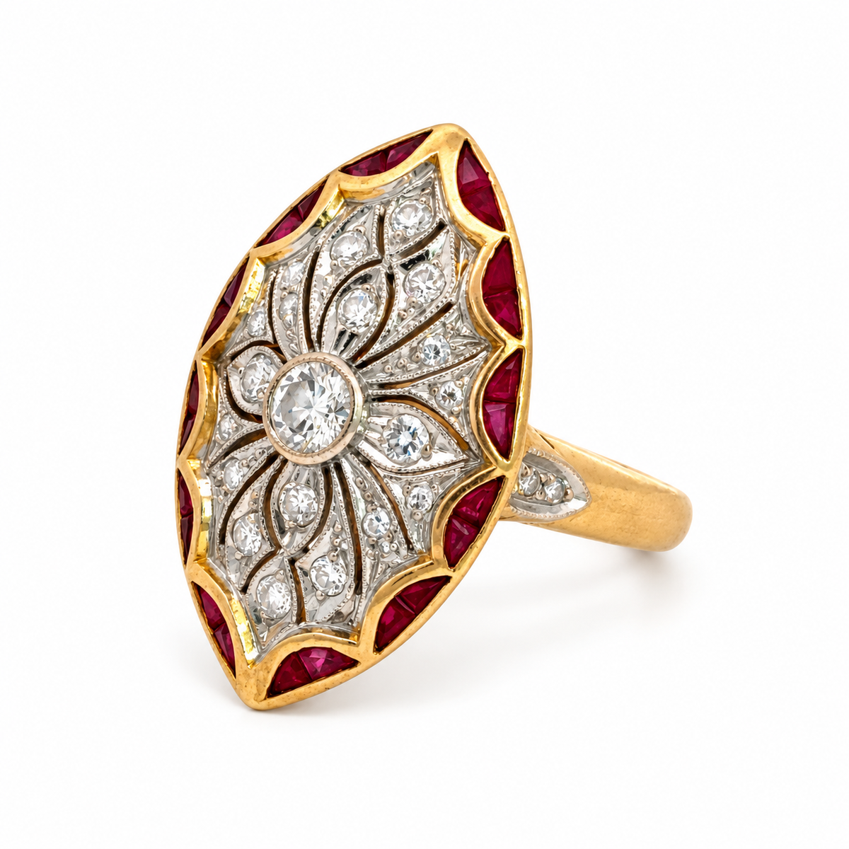 Vintage Art Deco–Style 14K Yellow Gold Ruby & Diamond Navette Ring