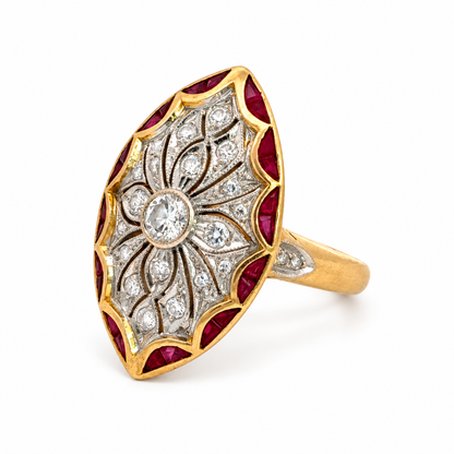 Vintage Art Deco–Style 14K Yellow Gold Ruby & Diamond Navette Ring