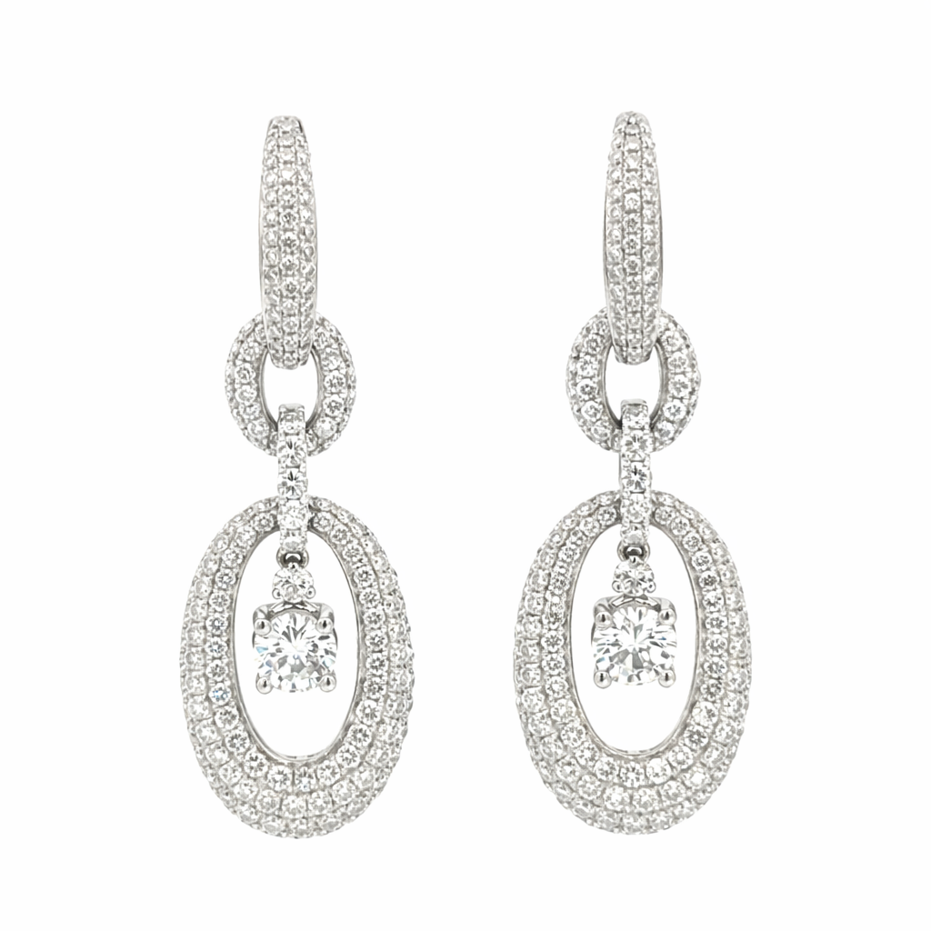 18K White Gold Diamond Oval Drop Earrings