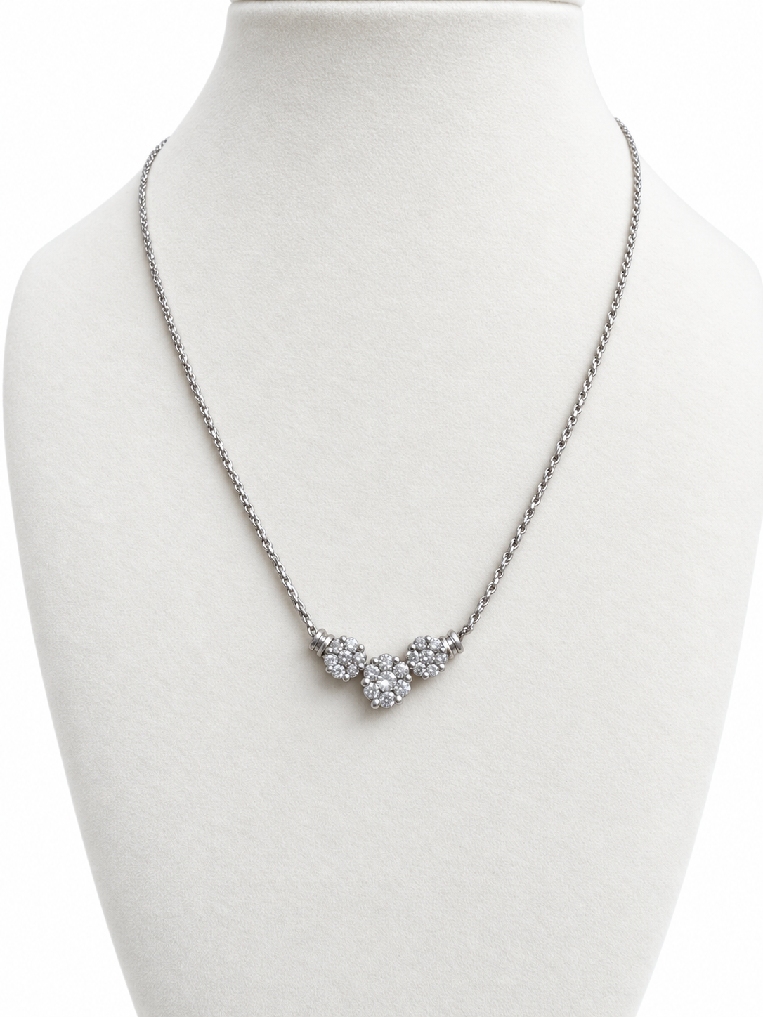 14K White Gold Three-Flower Diamond Cluster Necklace