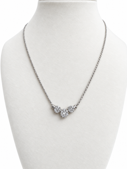 14K White Gold Three-Flower Diamond Cluster Necklace