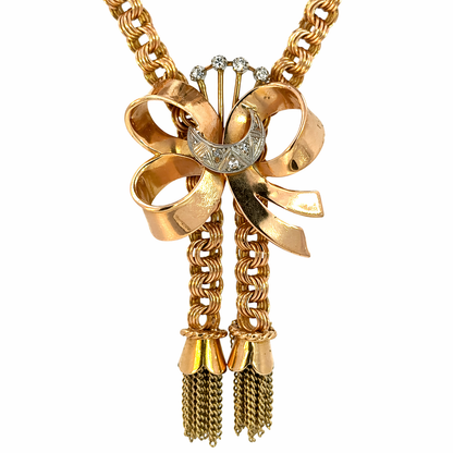 Retro 18K Rose Gold Bow & Tassel Necklace with Diamond Crescent Moon