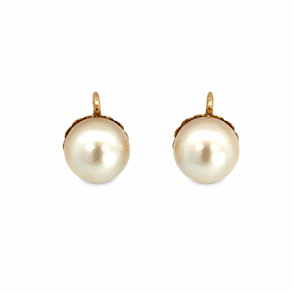 Charming Vintage 14K Yellow Gold Russian Pearl Leverback Earrings