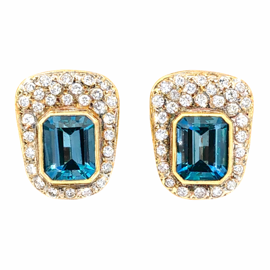 Vintage 14K Yellow Gold Blue Topaz & Diamond Clip-On Earrings