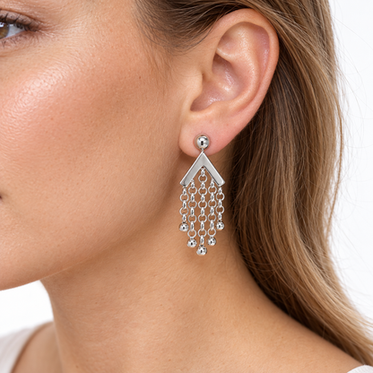14K White Gold Chevron & Chain Fringe Drop Earrings