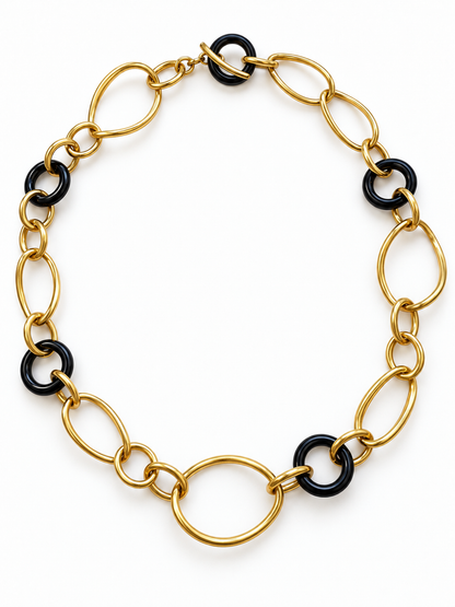 Italian 18K Yellow Gold & Black Onyx Sculptural Link Necklace — 20 Inches