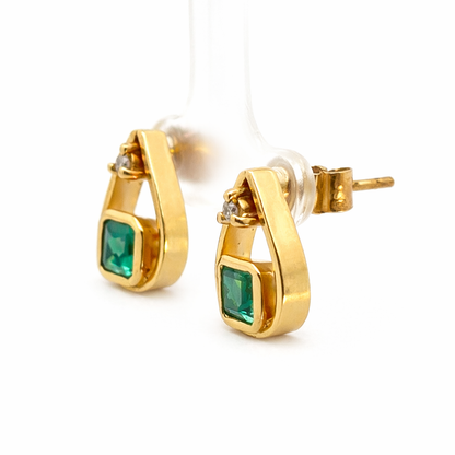 18K Gold Emerald Diamond Open Teardrop Earrings