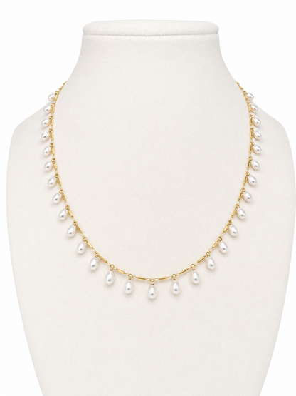 14K Yellow Gold Chain Necklace with Oval Pearl Drops