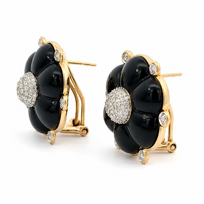 Vintage 14K Yellow Gold Onyx & Diamond Flower Earrings