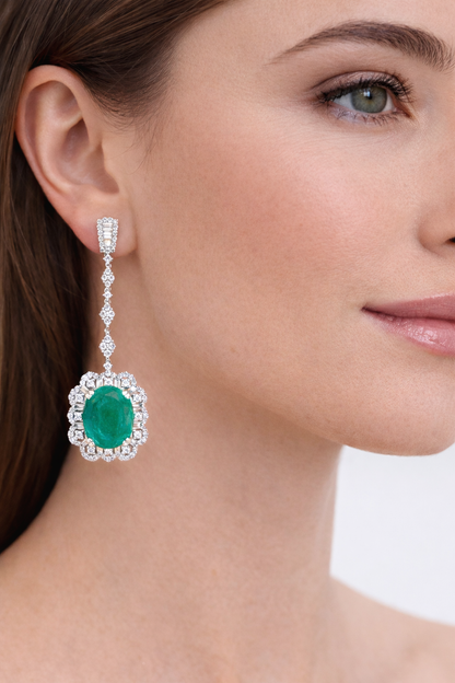 Luxurious 18K White Gold Emerald & Diamond Drop Earrings