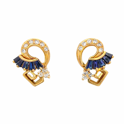 14K Gold Diamond and Sapphire Fan Drop Earrings