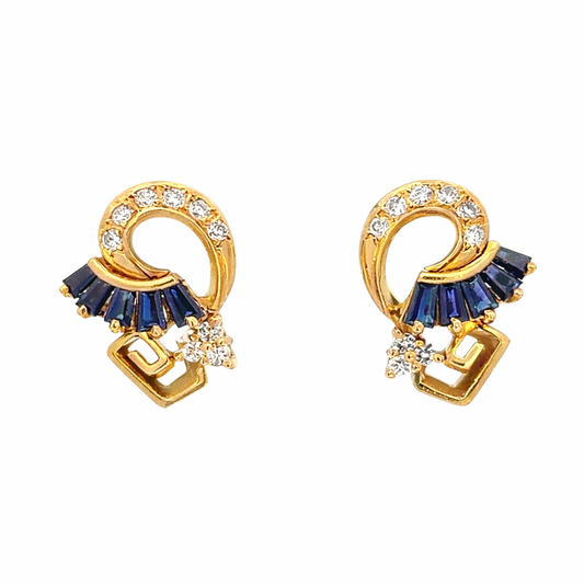 14K Gold Diamond and Sapphire Fan Drop Earrings