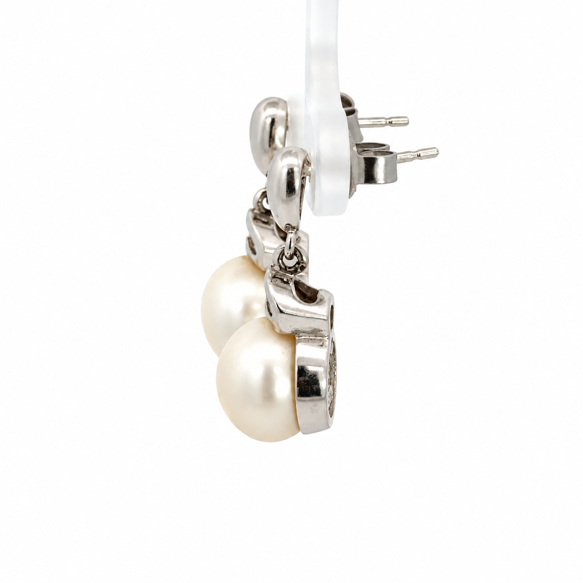 14K White Gold Diamond-Capped Pearl Drop Earrings