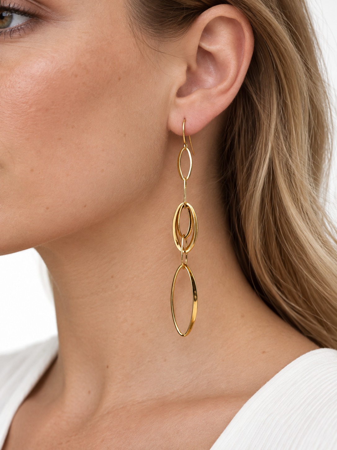 18K Yellow Gold Italian Long Oval Link Drop Earrings