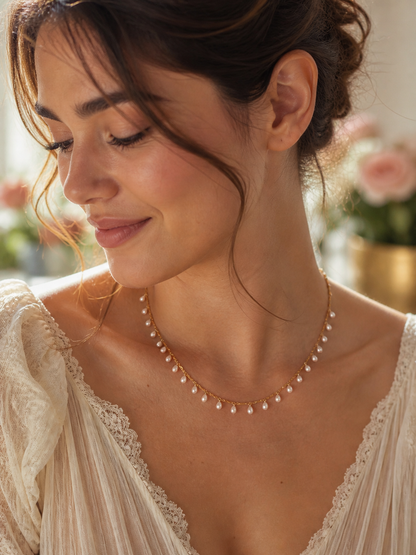 14K Yellow Gold Chain Necklace with Oval Pearl Drops