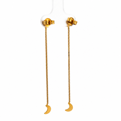 Yellow Gold Heart & Crescent Moon Chain Drop Earrings