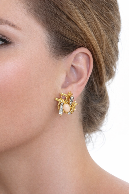 18K Yellow Gold Coral & Diamond Abstract French-Clip Earrings
