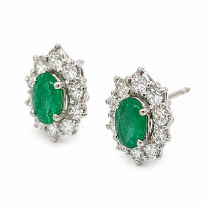 18K White Gold Emerald and Diamond Halo Stud Earrings