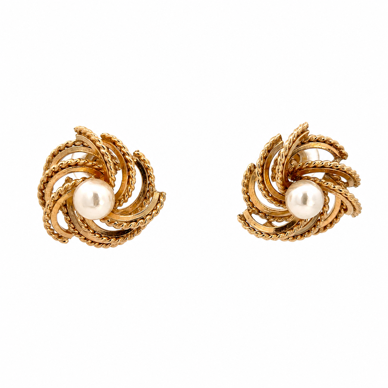 14K Yellow Gold Cultured Pearl Swirl Earrings | Textured Rope Motif
